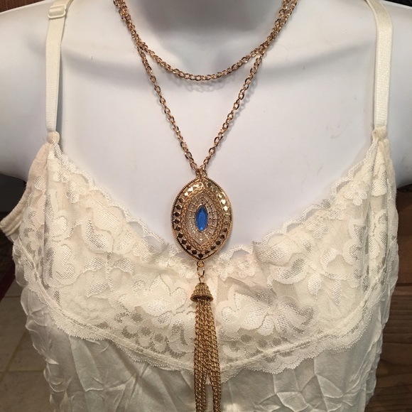 🆕Long gold necklace w/blue center & earrings NWT - Picture 7 of 8